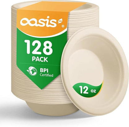 𝟭𝟮 𝗼𝘇, 𝟭𝟮𝟴-𝗣𝗮𝗰𝗸 Compostable Paper Bowls, Heavy-Duty Biodegradable Disposable Bowls Made from Bagasse, Eco-Friendly, Microwave & Freezer Safe (Natural)