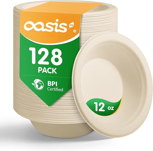 𝟭𝟮 𝗼𝘇, 𝟭𝟮𝟴-𝗣𝗮𝗰𝗸 Compostable Paper Bowls, Heavy-Duty Biodegradable Disposable Bowls Made from Bagasse, Eco-Friendly, Microwave & Freezer Safe (Natural)