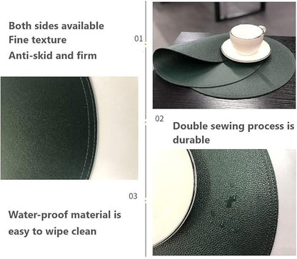 Jovono Faux Leather Round Placemats and Coasters, Wipeable Table Mats, Easy to Clean, Double Stitched for Kitchen Dining Table, Party, Restaurant, Diameter 13'' and 3.9'', Green