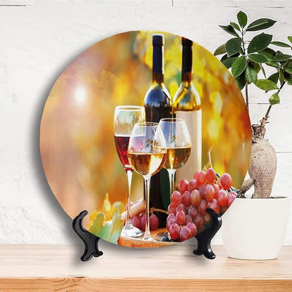 Ceramic Display Plate, Wine Ceramic Hanging Decorative Plate, Tasty Wine on Wooden Barrel on Grape Plantation, 8 Inch, Living Room Kitchen Decoration Household, Orange Red Black