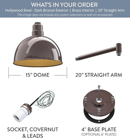 Steel Lighting Co. Hollywood Bowl Light | Outdoor Wall Mounted | 15 inch Bowl Dome | 20" Straight Arm | Barn Light Made in America | Dark Bronze Exterior/Brass Interior
