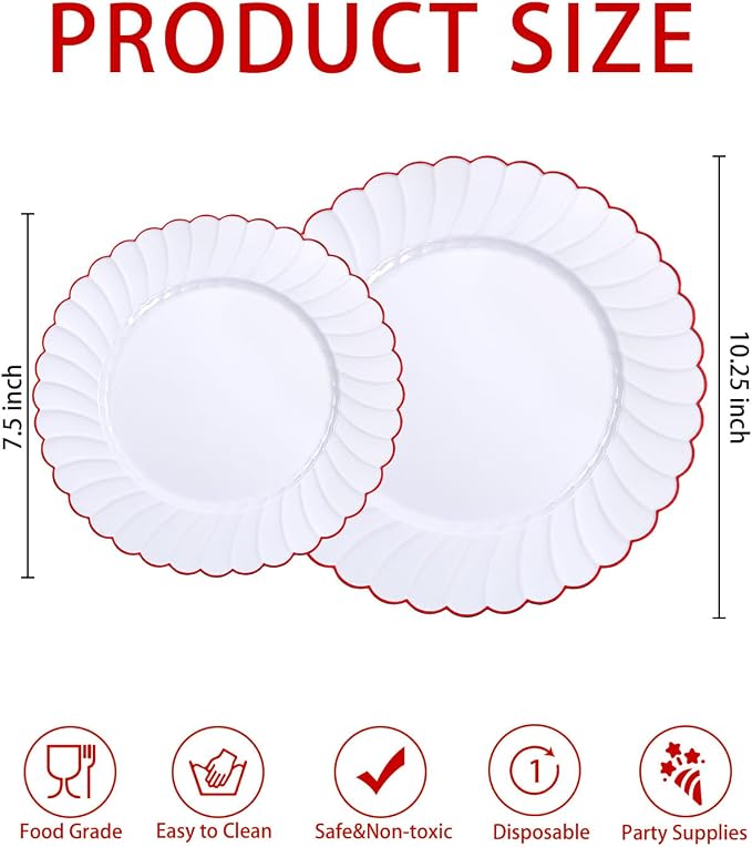 YOUBET 60PCS Red Scalloped Plastic Plates - Image 2