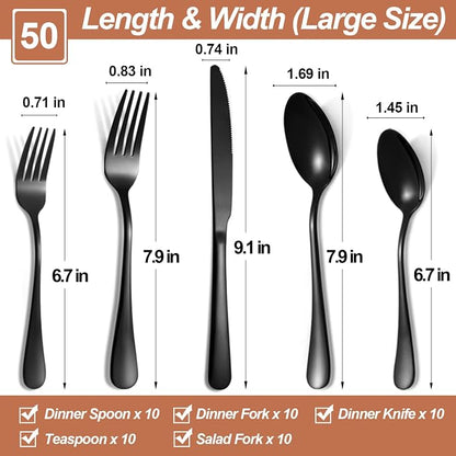 50 Pcs Black Silverware Set for 10, Food Grade Stainless Steel Flatware Set - Image 2