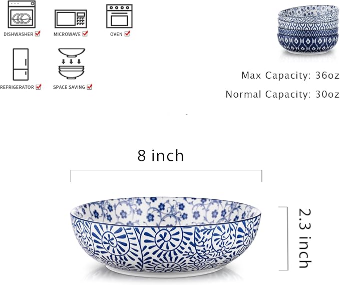 Selamica Ceramic 30 Ounce Pasta Bowls set of 4, 8 inch Serving Bowl Wide and - Image 2