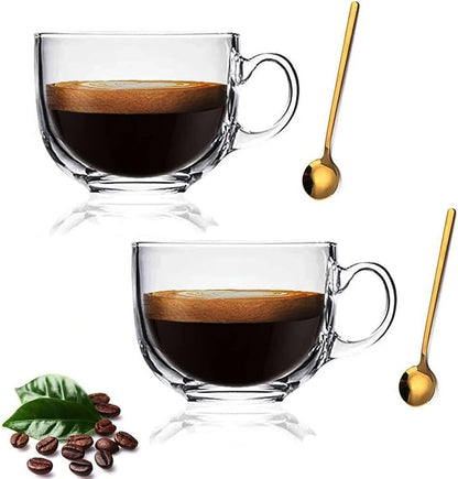 Large Clear Glass Coffee Mugs Set of 2, 14.8 oz-Wide Mouth Tea Cups by HMWEB