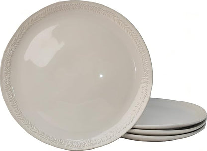 10 Inch Ceramic Dinner Plates Set of 4, Embossed Vintage White Dishes - Microwave & Dishwasher Safe Porcelain for Portion Control, Salad, Pasta - Scratch Resistant Farmhouse Dinnerware