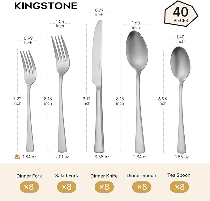 Silverware Set for 8, 40-Piece 18/10 Stainless Steel Flatware Set, Forged - Image 2