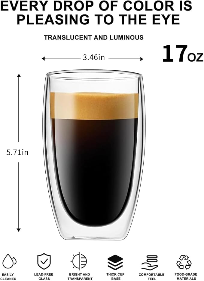DOPUDO 17oz Double Wall Glass Coffee Mugs Set of 4, Insulated Coffee Mug - Image 3