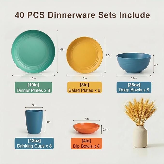 Wheat Straw Dinnerware Sets 40 Piece, Kitchen Plates and Bowls Set, Unbreakable - Image 2