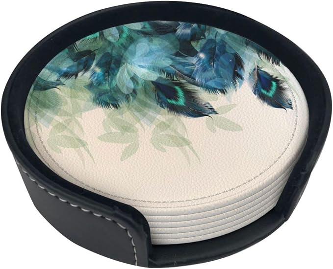 6 Pcs Peacock Feather Turquoise Bird Leather Coasters - Image 5