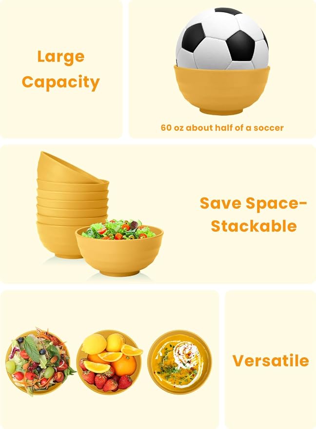 Sunshine Yellow Bowl Set of 8, 60 Oz Large Wheat Straw Bowls, Unbreakable Big - Image 5