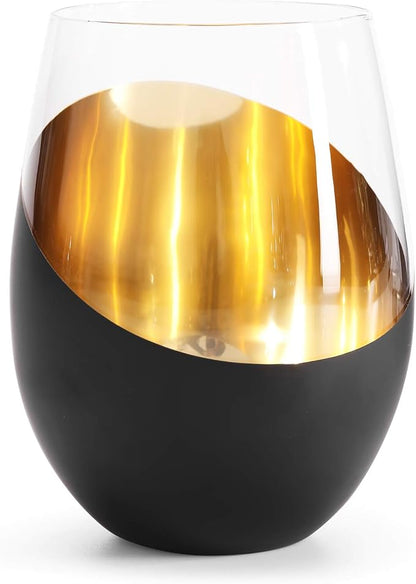 MyGift Modern Matte Black and Gold Tilted Design Stemless Wine Glasses Tumblers - Image 7
