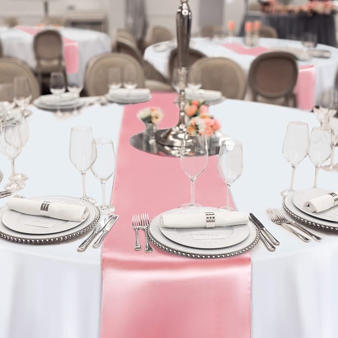 Queekay 24 Pcs 84'' Round Plastic Tablecloth Satin Runner Set, Rose Gold | 84'' - Image 4