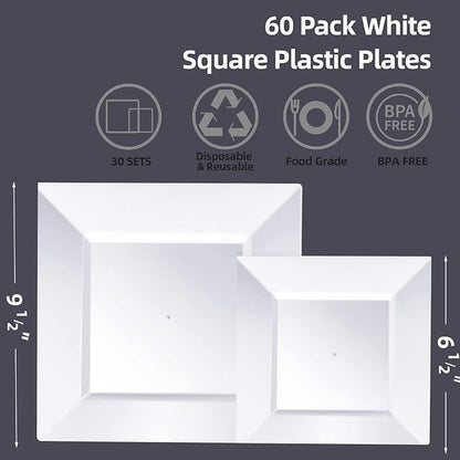 Goodluck 60 Pack Disposable Square Plastic Plates - Heavy Duty Dinner (9.5") & Dessert (6.5") Plates - Fancy for Wedding, Holiday, Birthday - White