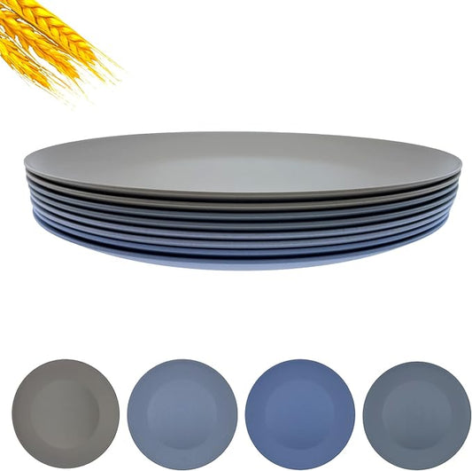 10 inch Wheat Straw Plate, Unbreakable Flat Dinner Plates Set of 8, BPA Free Dishwasher & Microwave Safe Reusable Salad, Camping for Kids Kitchen (Grey Stone)
