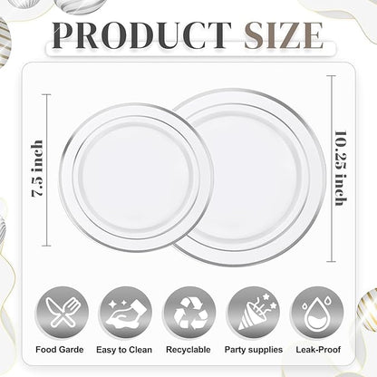 WDF 120PCS Plastic Plates White Silver Rim - Disposable Plates including 60PCS for Dinner 10.25inch, 60 Salad/Dessert Plates 7.5inch Heavy Duty Wedding Party Birthday