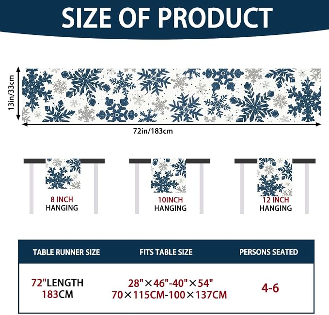 Blue Christmas Winter Table Runner, Xmas Dinning Decor | Sliver Snowflakes - Image 4