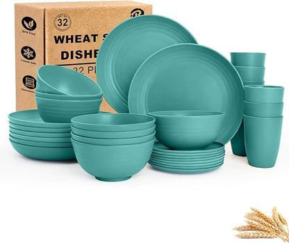 Wheat Straw Dinnerware Sets 32-Piece, Service for 8, Unbreakable Kitchen Dishes Set, Plastic Plates and Bowls Set with Cups, Microwave and Dishwasher Safe Dishware Set for Party- Green