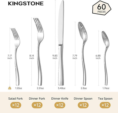 KINGSTONE Silverware Set for 12, 60-Piece Stainless Steel Flatware Set with Forks, Knives, Spoons, Dishwasher Safe Cutlery Set for Home, Wedding, Rust-proof