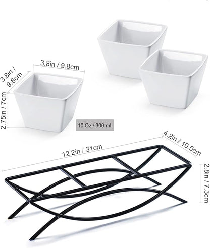 UNICASA Square Ramekin Bowls 10 oz, Condiment Serving Tray with Metal Rack Stand - Chips and Dips Snack Tray for Party - White Side Dish for Appetizer, Fruit, Nuts, Ice Cream, Candy