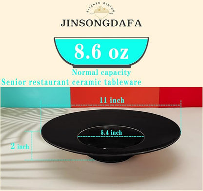 Ceramics Rimmed Soup Bowls 8.6 oz, Black 11 inch Exquisite small soup plate Set of 4, Pasta plates With Rim is the best choice for hotels, kitchens, fine restaurants and gourmets