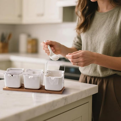 Lucky Goddness Ceramic Sugar Bowl with Lids and Spoons Serving Tray, Porcelain Sugar Container for Pepper Sugar Salt,Salt Condiment with Chalkboard Labels for Home Kitchen,250 ML
