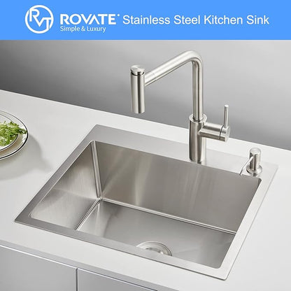 ROVATE 24 × 18 Inch Drop-in Topmount Kitchen Sink Single Bowl, 304 Stainless Steel Handmade Overmount Kitchen Sink with Basket Strainer, 24 x 18 x 9 inch
