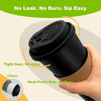 100 Pack 12 oz Disposable Coffee Cups with Lids and Sleeves, Leak-Proof To Go Coffee Cups, PLA Black Paper Coffee Cups for Hot Beverage