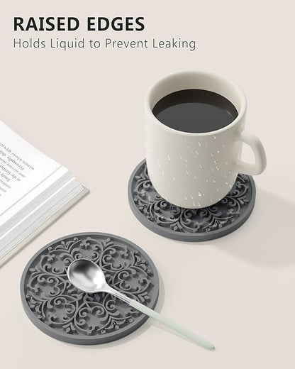Drink Coasters, Coasters Set of 6 for Cup with Holder, Non-Slip Silicone Cup Mats for Hot and Cold Drinks, Cute Absorbent Coffee Bar Accessories Table Decor, Grey