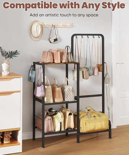 Floor-Standing 3-Tier Purse Organizer, High-Capacity Bag Holder with 8 Hooks, Multi-Functional Purse Rack for Various Bags, Handbag Display Stand Shelf for Closet, Bedroom, Entryway, Black