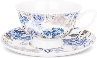 fanquare 6 oz Blue Rose and Hydrangea Porcelain Tea Cup and Saucer Set | by fanquare