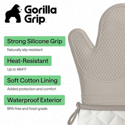 GORILLA GRIP BPA-Free Soft Silicone Oven Mitts, Heat Resistant and Waterproof Cooking Gloves, Thick Cotton Lining, Flexible Gripping for Baking Grilling, Kitchen Potholders Set of 2, 12.5x8.3, Almond