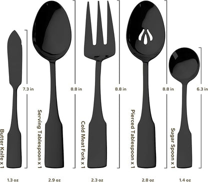 Alata Kate Black Mirror 45-Piece Silverware With Utensil-Serving Set, Service for 8, Stainless Steel Flatware, Mirror Polished Cutlery, Dishwasher Safe