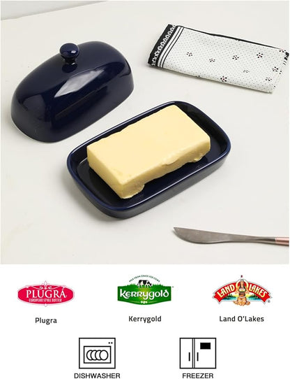 Sweejar Ceramic Butter Dish with Lid for Countertop,Porcelain Butter Keeper with Knob Handle,Butter Container for East/West Coast Butter, 7.1*3.7 inches (Navy)