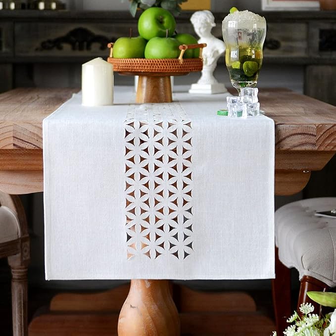 ARTABLE Off White Farmhouse Fabric Table Runner Finished Edge 16 x 70 Inch | by ARTABLE