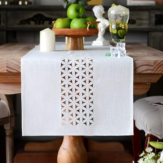 ARTABLE Off White Farmhouse Fabric Table Runner Finished Edge 16 x 120 Inch | by ARTABLE