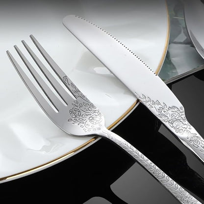 40-piece flowers TWEE Silverware Set for 8, Palace Style Stainless Steel Flatware Cutlery Serving Utensils, Eating Tableware for Home Kitchen Hotel Restaurant, Mirror Polished