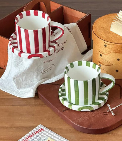 Cup and Saucer Set Hand-Painted Green Stripes, 8 Oz Ceramic Coffee Mug - Image 6