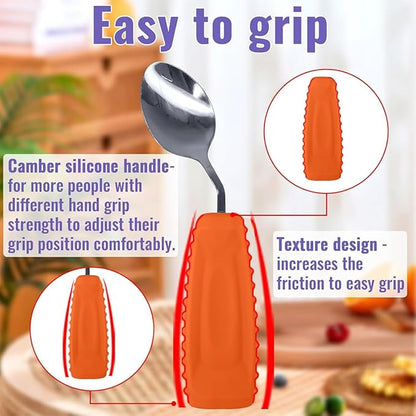 Adaptive Utensils Angled Spoon and Fork for Hand Tremors Parkinsons,Weighted Utensils with Non-Slip Easy Grip Handles for Independent Eating (1pcs Spoon+1pcs Fork=2 pcs,Orange,Right Hand)