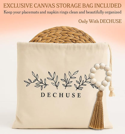 Round Woven Placemats Set of 6 (14 Inch) with Napkin Rings & Canvas Bag – Water Hyacinth Boho Farmhouse Table Mats, Heat Resistant Natural Wicker Chargers for Dining Table Decor by DECHUSE