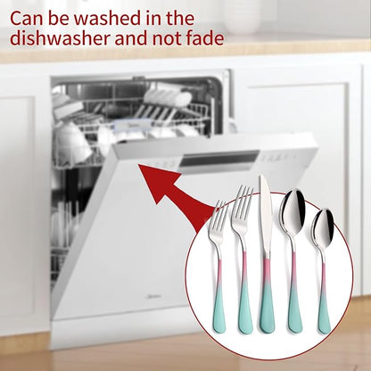 Colorful Silverware Set 20 Piece 18/0 Stainless Steel Flatware Pink and Green Handle Cutlery Set Service for 4 Fork Knife Spoon Set Mirror Finish Dishwasher Safe