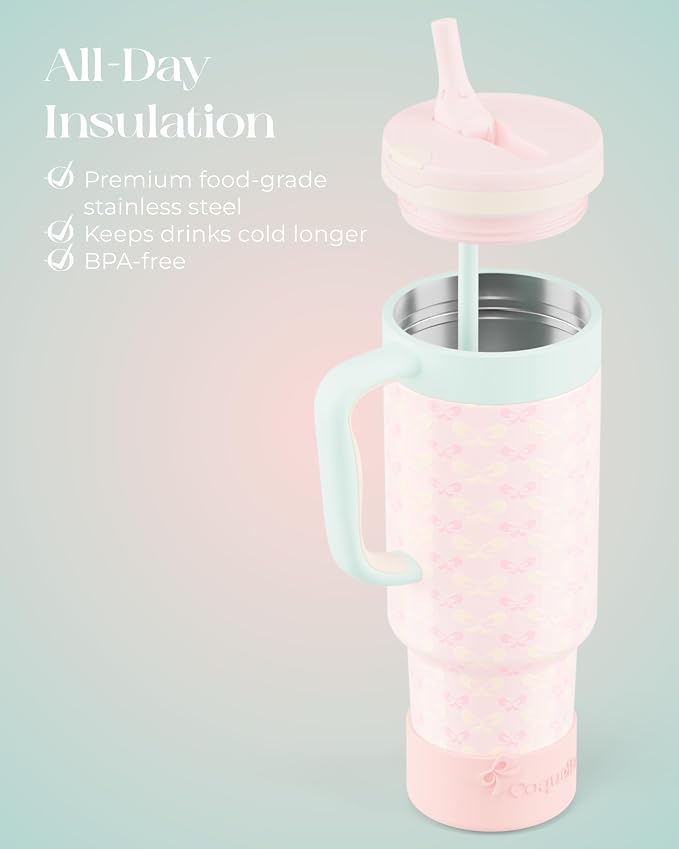 40 oz Insulated Tumbler with Handle and Push-Button Straw Lid, Stainless Steel - Image 4