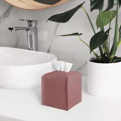 Carrotez Tissue Box Cover, [Refined] Modern PU Leather Square Tissue Box Holder - Decorative Holder/Organizer for Bathroom Vanity Countertop, Night Stands, Office Desk & Car 5"X5"X5" - Dry Rose