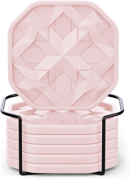 UMIRRO Silicone Cup Coasters for Drinks with Tailored Holder, Coffee Table Centerpiece, Modern Home Bar or Aesthetic Kitchen Essentials, Pink House Decor Gifts, Set of 6
