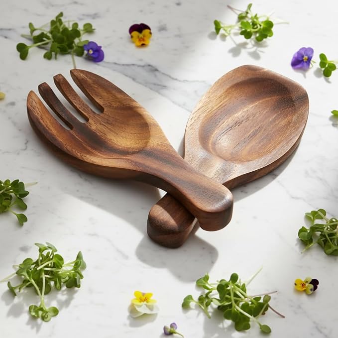 Woodard & Charles Acacia Wood Salad Hands Servers, 7 3/8" x 3 1/8" | Pair of - Image 2