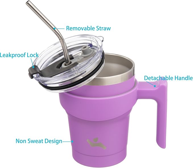 Konokyo 10 oz Tumbler with Handle and Straw, Insulated Travel Mug | Lavender; - Image 2