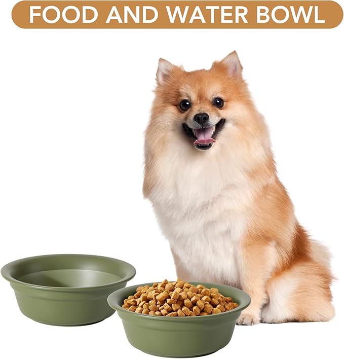 Ceramic 5.5inch Set of 2 Dog and Cat Bowls, 2pcs Basic 1 Cup Food or 9.5 oz Water Dishes for Puppy, Kitty, Wide Opening Rounded Edge (2 Bowls, Olive Green)