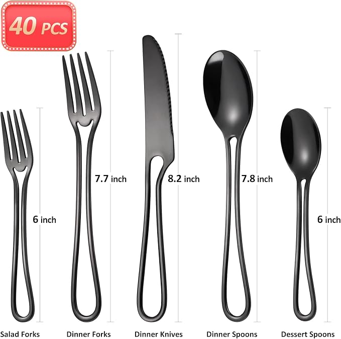 Black Silverware Set for 8, Modern 40 Piece Flatware Stainless Steel Hanging - Image 2