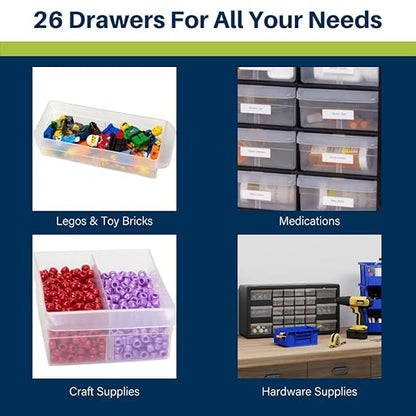 Akro-Mils 26-Drawer Plastic Drawer Storage Cabinet for Garage Organization, Bead Organizer, Building Bricks Storage, Teacher Toolbox, Makeup Organizer, 20-Inch W x 6-Inch D x 10-Inch H, 10126 Yellow