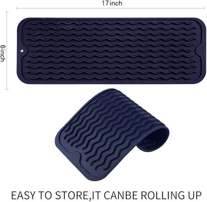 Silicone Dish Drying Mat for Multiple Usage,Easy clean,Eco-friendly,Heat-resistant Silicone Mat for Kitchen Counter,Sink,Bar,Bottle,or Cup Navy Blue M 17 inches x 6 inches